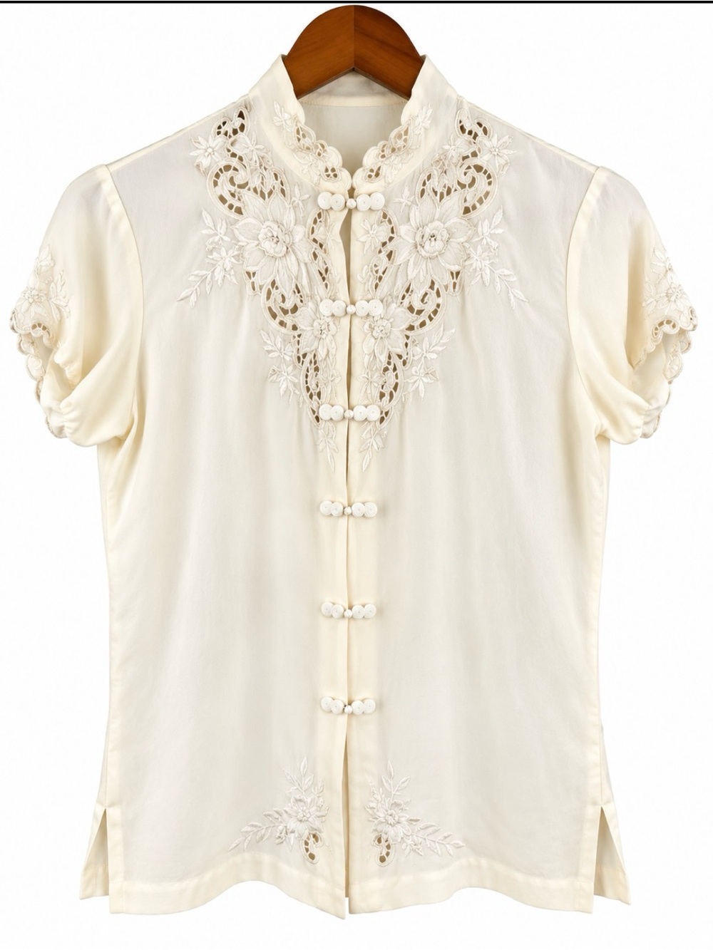 Vintage 100% Silk Ivory Embroidered Frog Closure Blouse